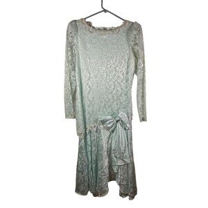 After Dark Dress Mint Green Lace Bow Beaded Size 5/6 USA Made Coquette Glam